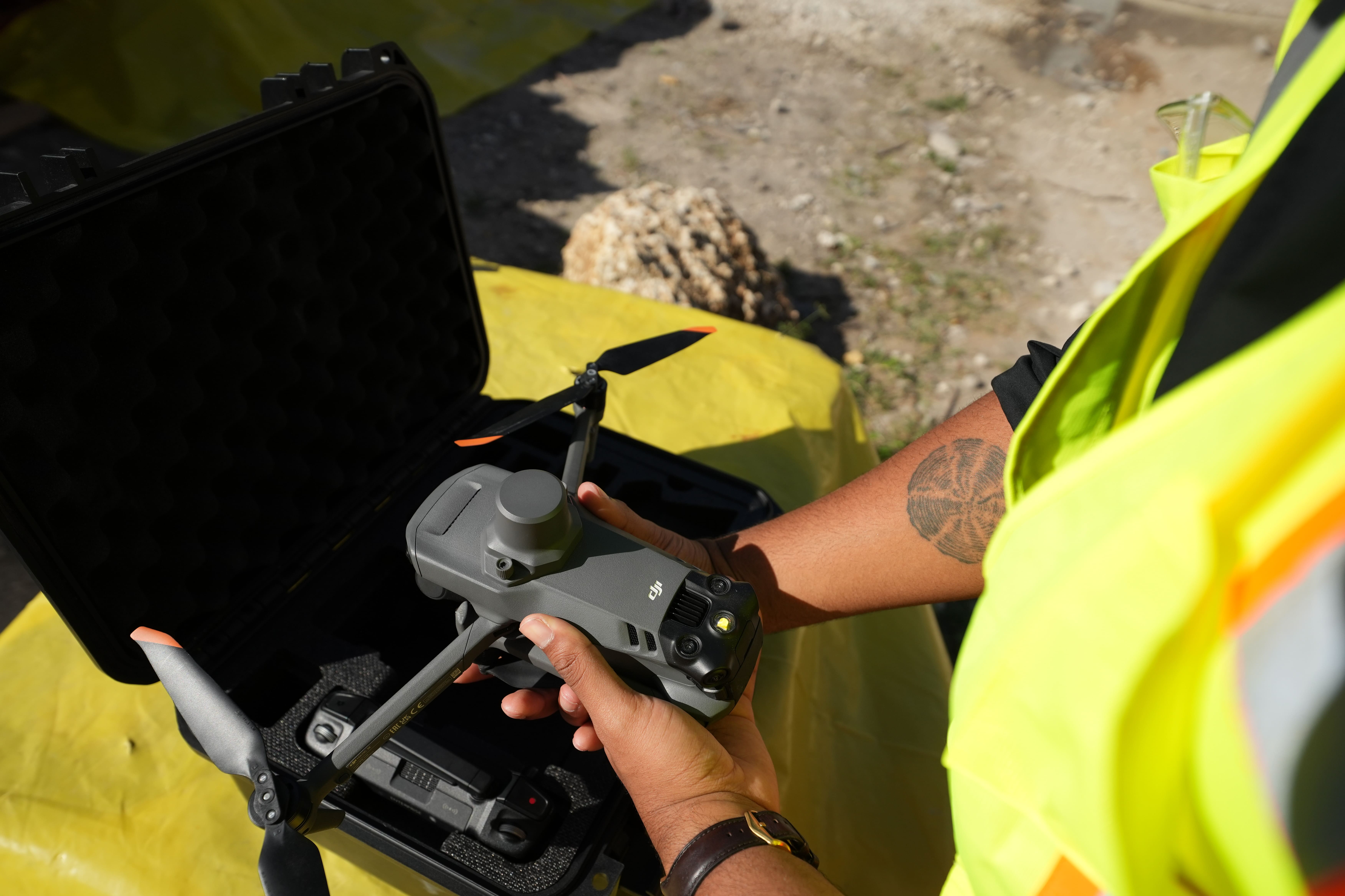 Over the shoulder of the drone setup